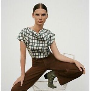 NWT Zara SATIN EFFECT PLAID TOP Size XS Ecru / Green | 8027/289